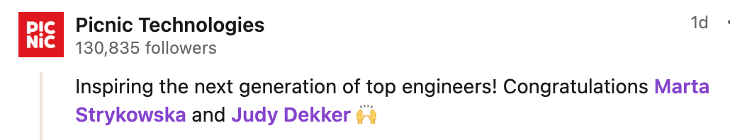 LinkedIn post from Picnic Technologies congratulating Marta Strykowska and Judy Dekker for inspiring the next generation of engineers