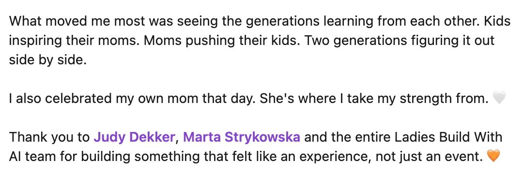 LinkedIn comment describing generations of mothers and kids learning to code together at a Ladies Build With AI Mother's Day event