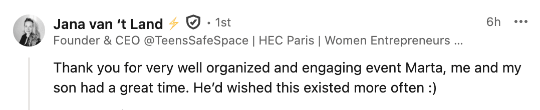 LinkedIn comment from Jana van 't Land, founder of TeensSafeSpace, thanking Marta Strykowska for a well organized Mother's Day coding event with her son
